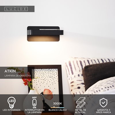 Lucide ATKIN - Lámpara de cabecera / Lámpara de pared - LED - 1x6W 3000K - Con punto de carga USB - Negro